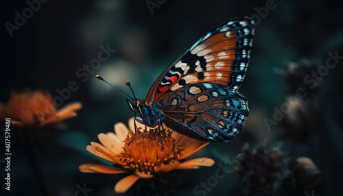Vibrant butterfly pollinates fragile yellow flower outdoors generated by AI