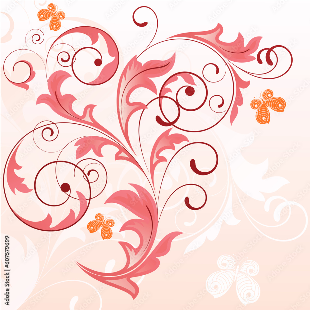 Summer pink background with plant and butterflies Summer pink background with plant and butterflies