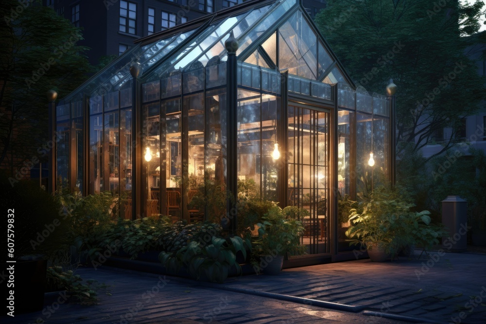 Fototapeta premium Conceptual Illustration of a Modern Glass Greenhouse. Generative AI.