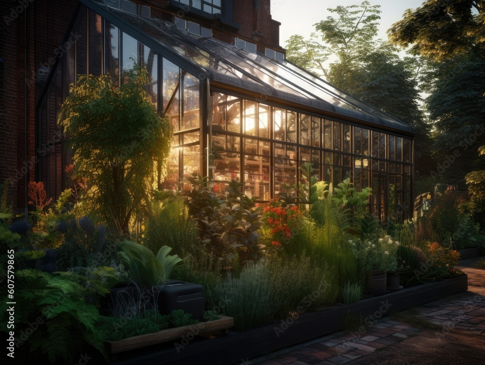 Conceptual Illustration of a Modern Glass Greenhouse. Generative AI. Conceptual Illustration of a Modern Glass Greenhouse. Generative AI.