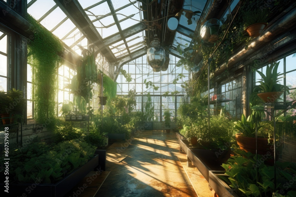 Conceptual Illustration of a Modern Glass Greenhouse. Generative AI. Conceptual Illustration of a Modern Glass Greenhouse. Generative AI.