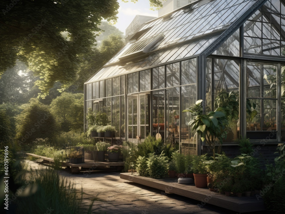 Conceptual Illustration of a Modern Glass Greenhouse. Generative AI. Conceptual Illustration of a Modern Glass Greenhouse. Generative AI.