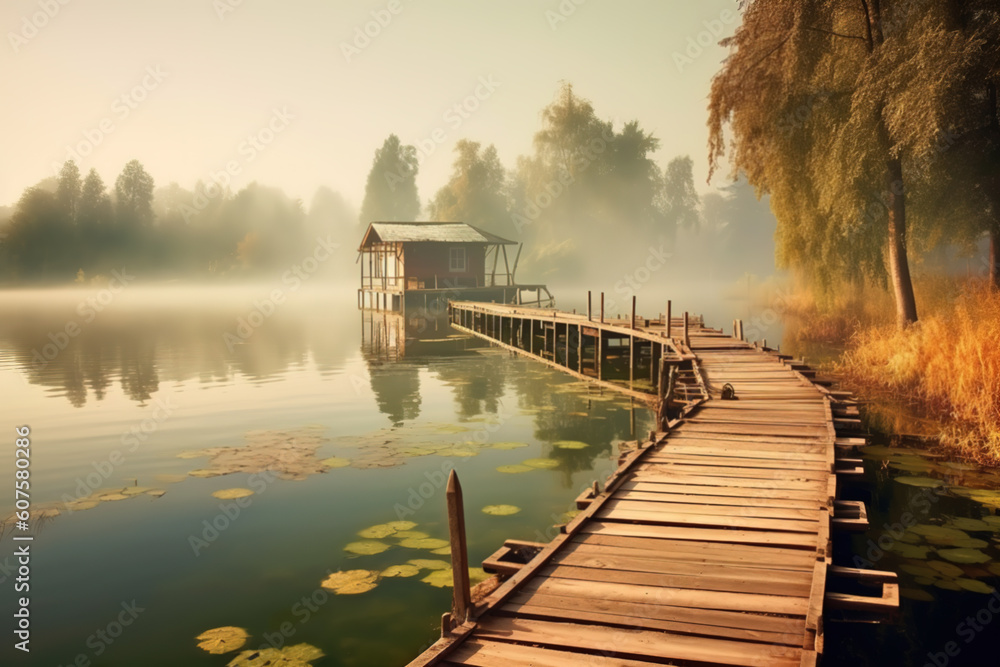 A fog-covered lake and a small dock, in the style of light green and light brown, dreamy and romantic, golden light. Generative AI.