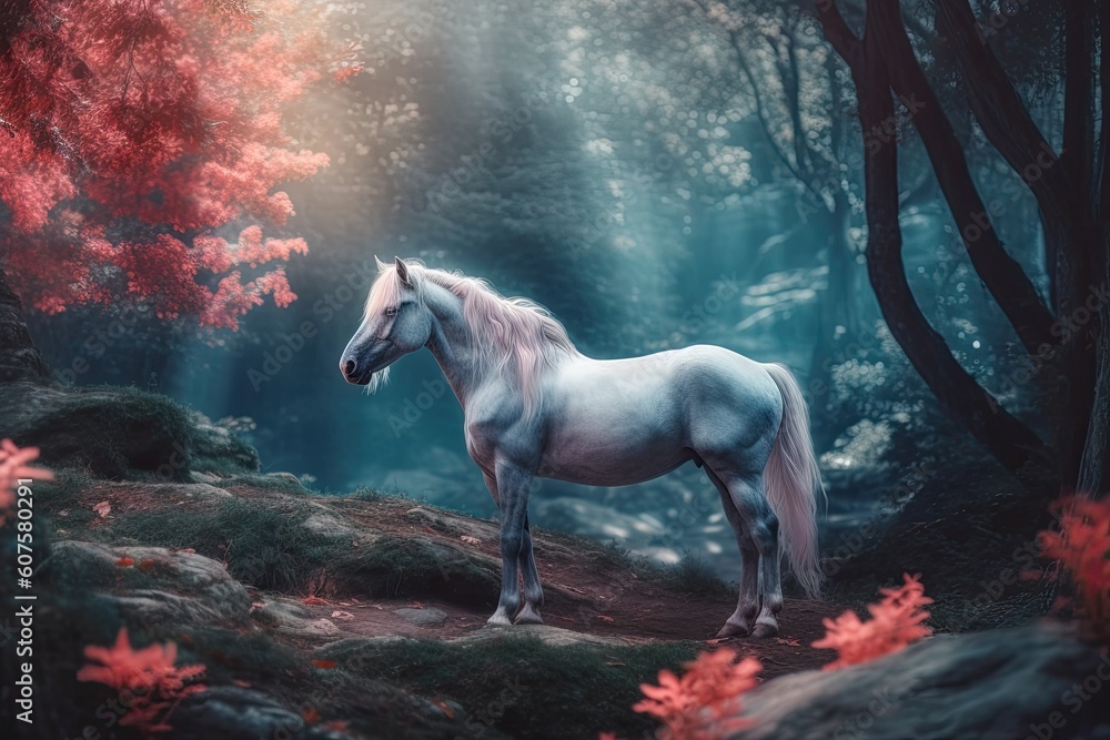 majestic white horse standing among the trees in a forest Generative AI majestic white horse standing among the trees in a forest Generative AI