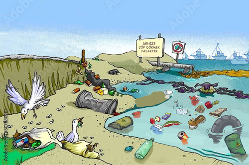 environmental pollution, marine pollution, cleaning, garbage, sea, beach, seagulls, birds, fish, nature, recycling, plastic waste, turtle, living things damaged by pollution