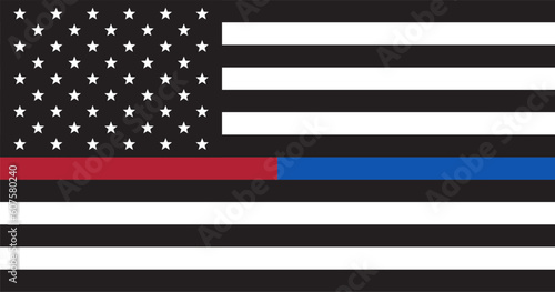 Police us flag. Patriotic symbol. Black and white US Flag with red and blue line.