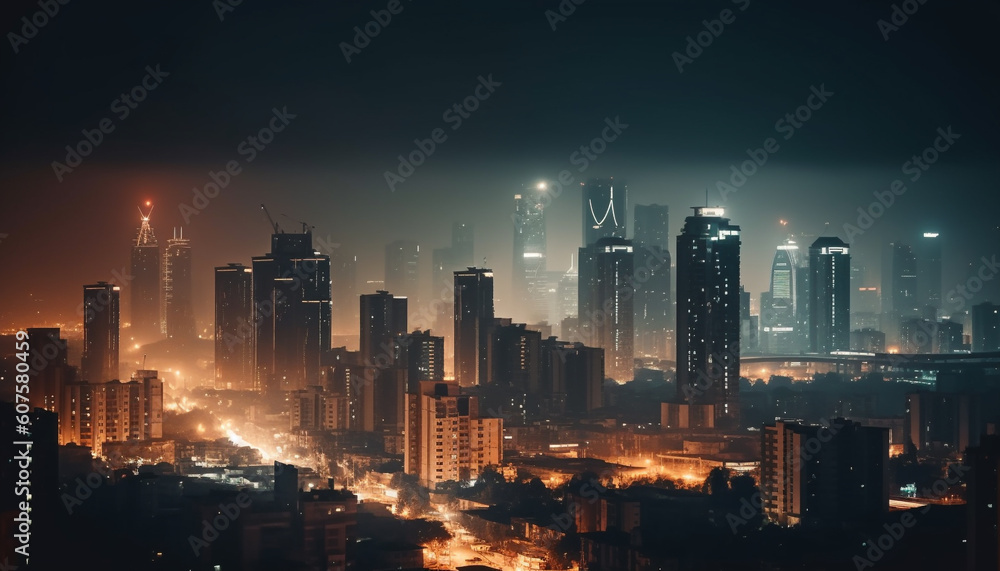 Glowing cityscape at dusk, a modern metropolis generated by AI