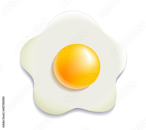Fried egg in the form of chamomile. Volumetric food. Protein and yolk. Breakfast. 3D object for the template. Top view. Isolated item on a white background. Vector illustration.