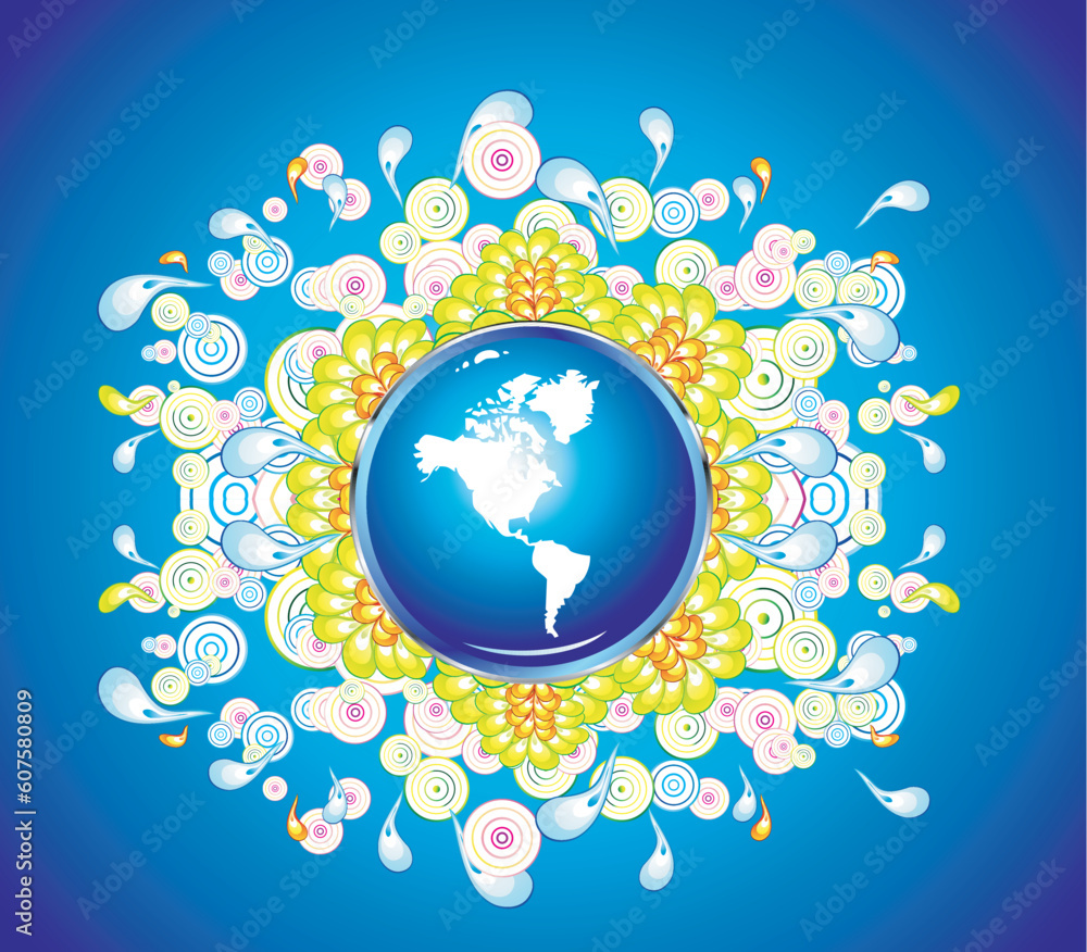 Naklejka premium Glossy Globe with Flower nature explosion