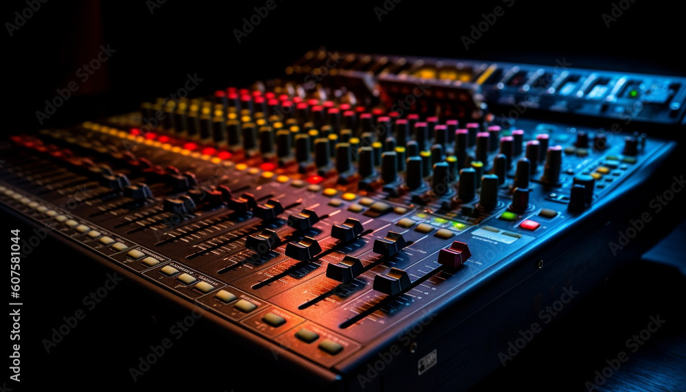 Sound engineer adjusting knobs on illuminated control panel generated by AI