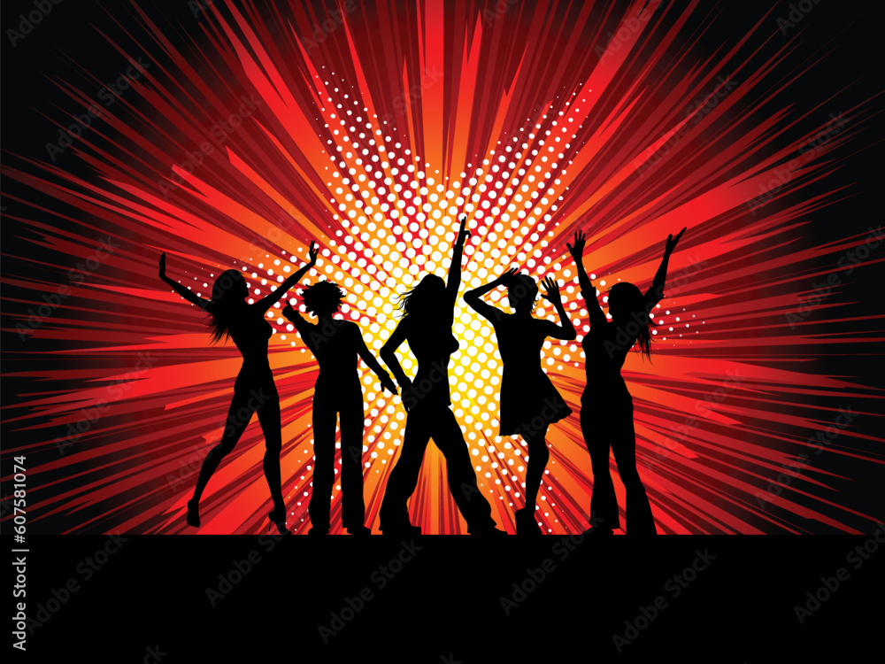 Silhouettes of sexy female dancers on starburst background