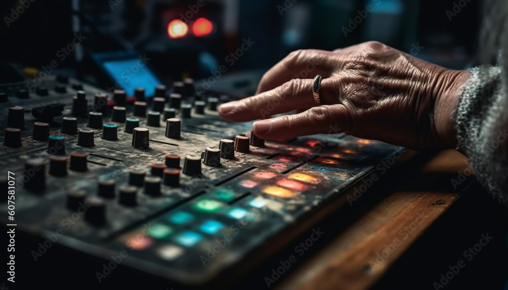 Expert sound engineer adjusts mixer in nightclub performance generated by AI Expert sound engineer adjusts mixer in nightclub performance generated by AI