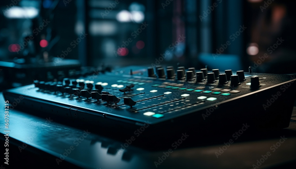 Sound engineer sliding knob on mixing desk generated by AI Sound engineer sliding knob on mixing desk generated by AI