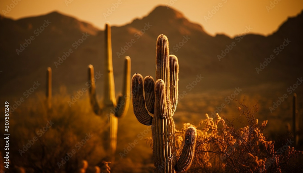Silhouette of saguaro cactus at sunset generated by AI