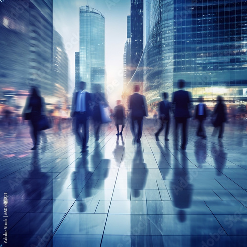 Urban hustle and bustle  Blurred figures of business people walking in the cityscape  generative AI