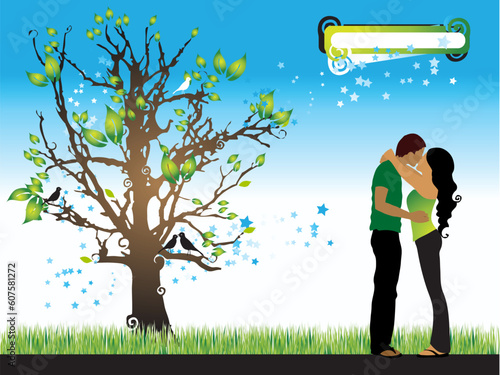 Tree silhouette, couple, spring, vector illustration