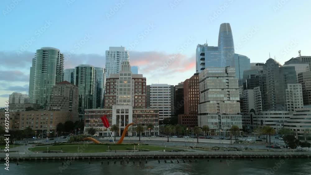 Breathtaking Sunset aerial video over there bay area, Embarcadero and San Francisco skyline with blue and purple sky on the background. California. High-quality 4K footage Breathtaking Sunset aerial video over there bay area, Embarcadero and San Francisco skyline with blue and purple sky on the background. California. High-quality 4K footage