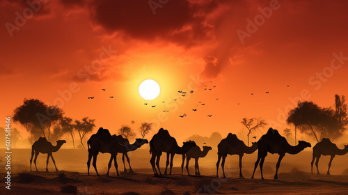 Majestic silhouettes of grazing camels in a golden desert landscape Generative AI