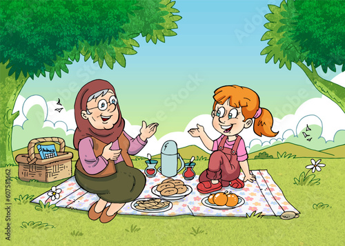 grandma and granddaughter having picnic, greenery, child, woman, trees, food, picnic basket, tea