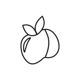 Peach or apple doodle line artwork illustration. Black line fruit drawing with leaves.
