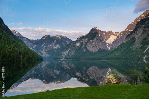Sunrise on mountain lake Koenigssee Berchtesgaden National Park Bavaria Germany