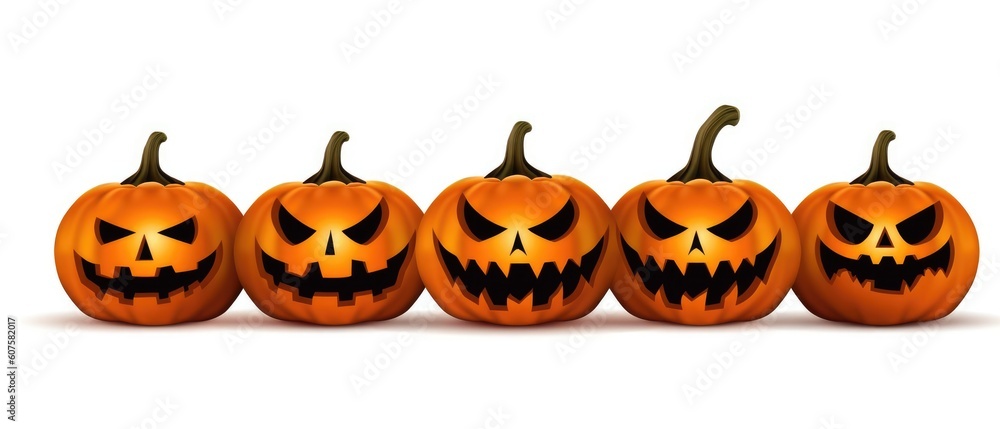 halloween jack o lantern pumpkins in a row on white background. Generative AI halloween jack o lantern pumpkins in a row on white background. Generative AI