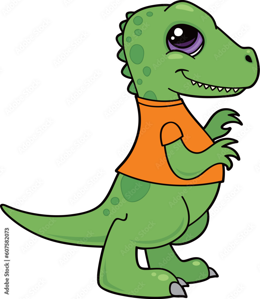 Fototapeta premium Vector cartoon illustration of a green baby Tyrannosaurus Rex dinosaur wearing an orange shirt.