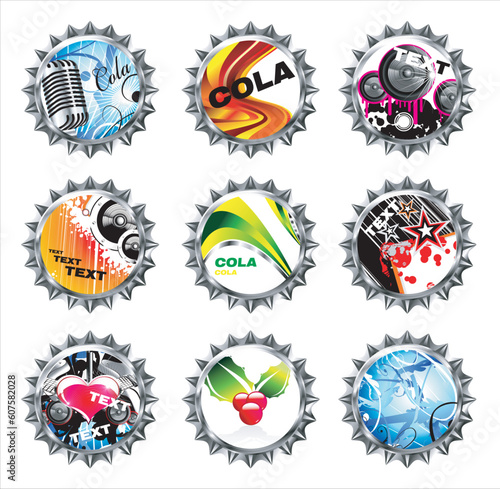 Little collections of bottle caps with various colorful designs