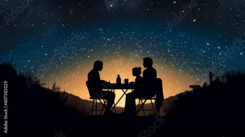 A family of silhouettes sharing a meal under a starry night sky Generative AI
