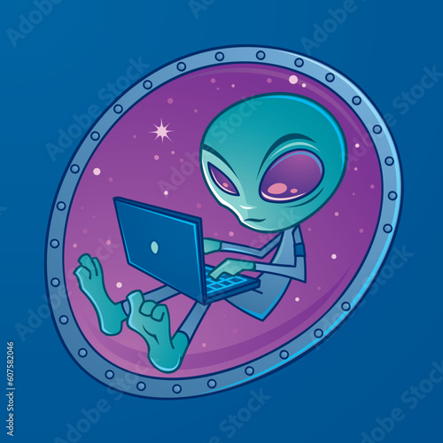 Alien with a laptop computer floating in outer space. Drawn in a humorous cartoon style.