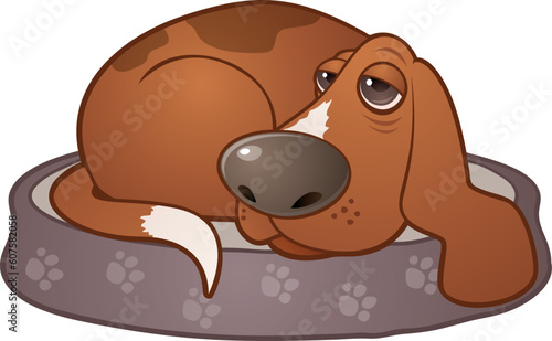 Vector cartoon illustration of a sleepy hound dog lying on a paw print dog bed.