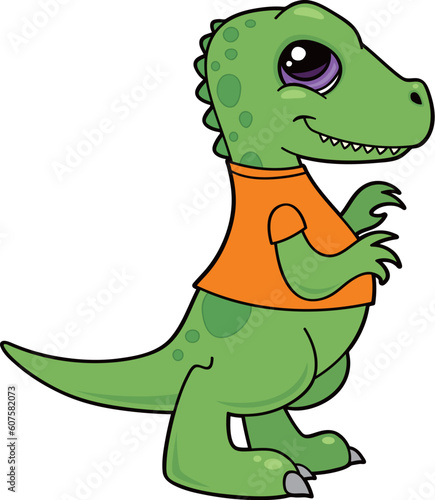 Vector cartoon illustration of a green baby Tyrannosaurus Rex dinosaur wearing an orange shirt.