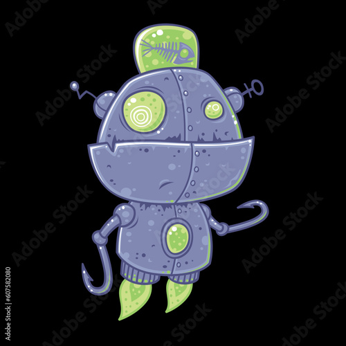 Silly vector robot drawn in a humorous cartoon style. This robot was designed for fishing, is powered by rotting fish and has large fish hook hands.