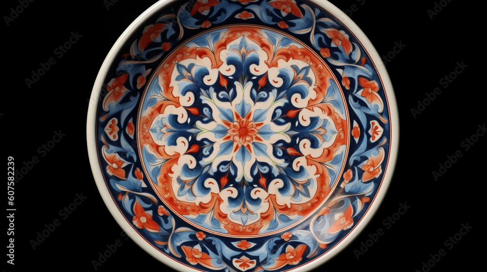 A traditional Arabesque pattern delicately painted on a ceramic plate Generative AI