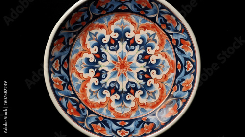 A traditional Arabesque pattern delicately painted on a ceramic plate Generative AI