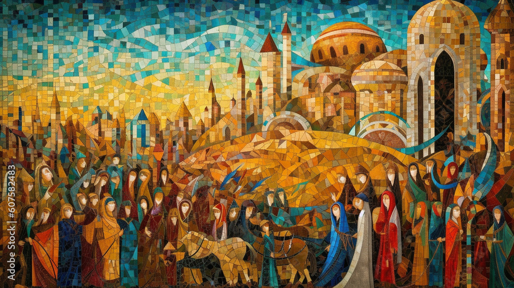 A colorful mosaic artwork depicting the story of Prophet Ibrahim Generative AI
