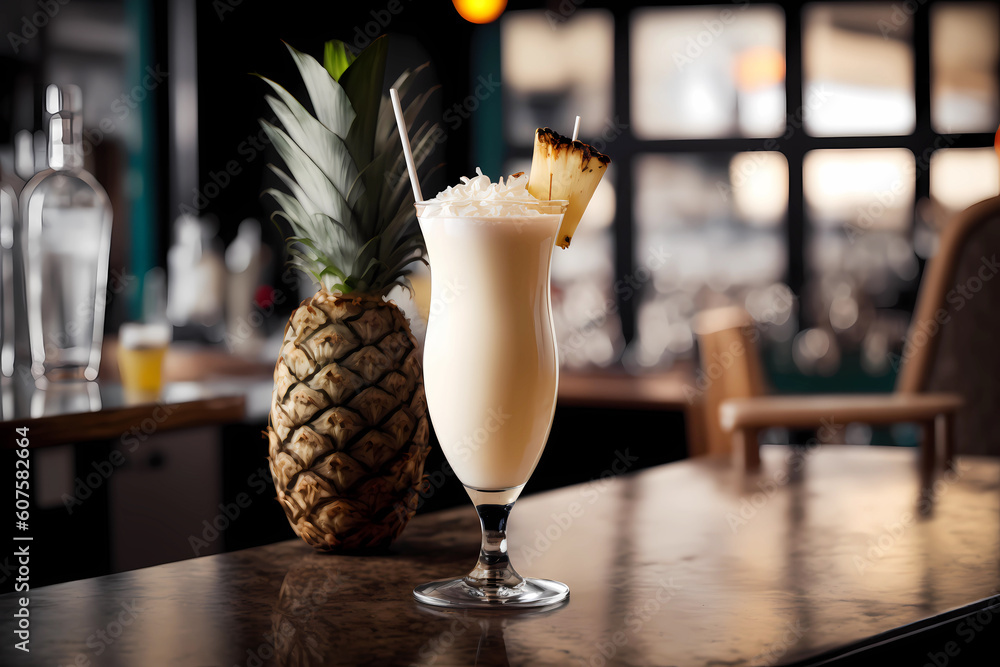 Pina colada in a glass on a bar counter, generative AI - obrazy, fototapety, plakaty 