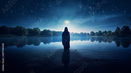 A dreamy moonlit night  where a girl in a burqa stands near a tranquil lake reflecting starry skies Generative AI