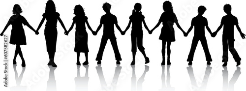 Silhouettes of children holding hands