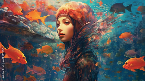 A captivating underwater world where a girl in a burqa gracefully swims alongside colorful fish and coral reefs Generative AI