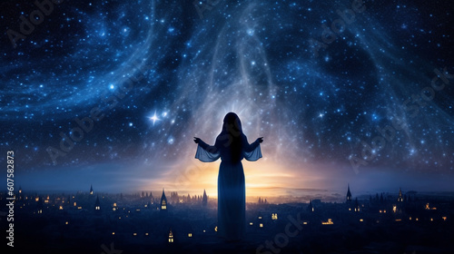 A mystical starry night sky  with a girl in a celestial-inspired burqa reaching out to touch the twinkling stars Generative AI