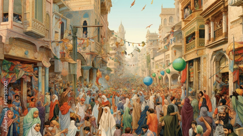 A bustling city street during a festive celebration, with a girl in a beautifully embroidered burqa joining the joyful crowd Generative AI