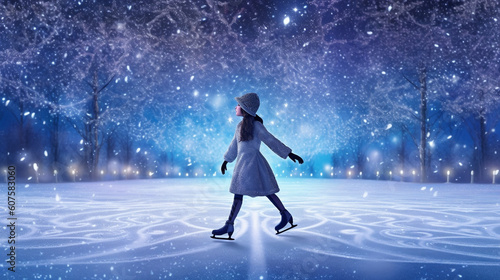 A magical winter wonderland with sparkling snowflakes, where a girl in a burqa gracefully glides on ice skates Generative AI