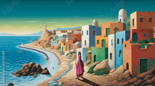A charming seaside village with colorful houses and a serene beach, where a girl in a burqa enjoys a leisurely walk Generative AI