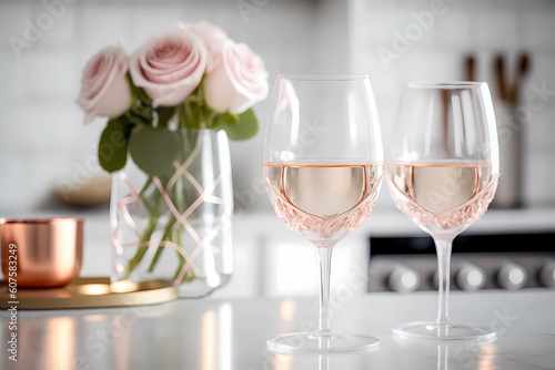 Rose sparkling wine in a white kitchen on the countertop, generative AI