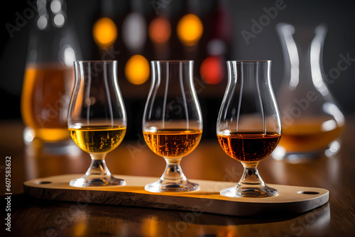 Flight of whiskey for tasting on a bar counter with a blurred background, generative AI