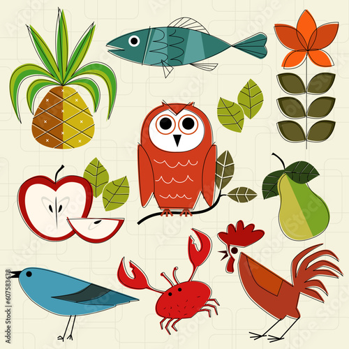 Retro-stylized Icons inspired by the motifs seen on kitchenware from the 50s through the 70s. Items are grouped so you can use them independently from the background. Layered file for easy edit.