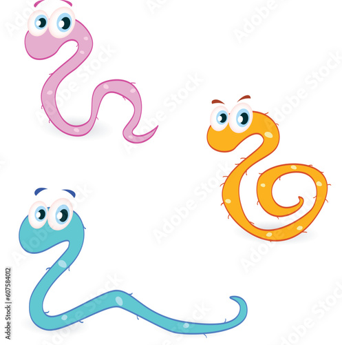 Vector pack of cute worms. Series included pink, blue and orange worm.