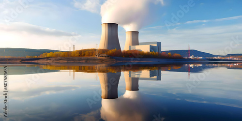 nuclear power plant on a river in the morning - generative AI