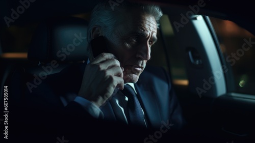 CEO Male Caucasian Mature Making phone calls and negotiating deals in a chauffeured moving car. Generative AI AIG22. photo